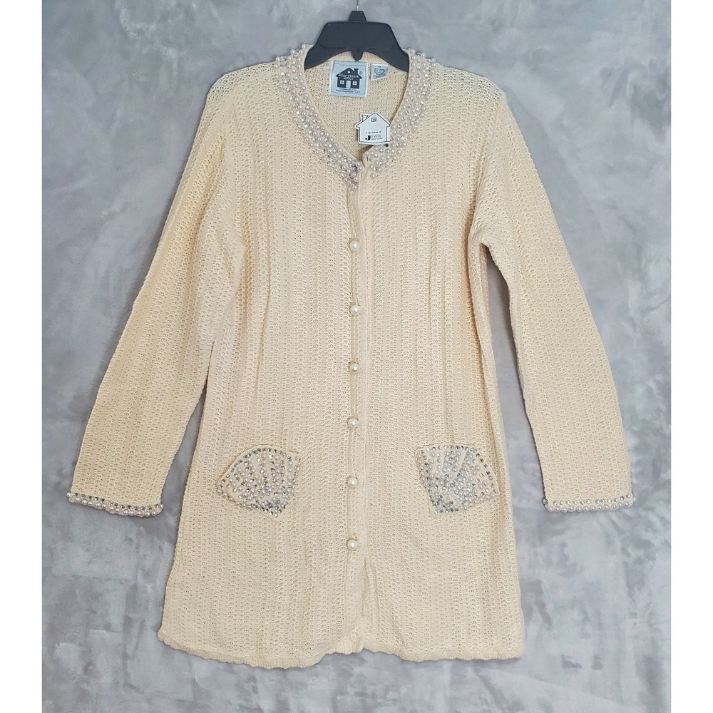 Storybook Knits‎ Cardigan Womens M Princess Shell Cream& White Pearl Detail NWT